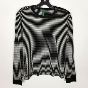 Lauren‎ Ralph Lauren Women Striped Pullover Sweater Size XL Elbow Patch Zip Neck